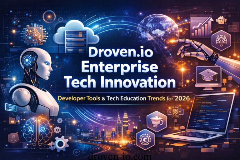 Droven.io enterprise tech innovation concept featuring AI, cloud computing, developer tools, and digital education trends in 2026