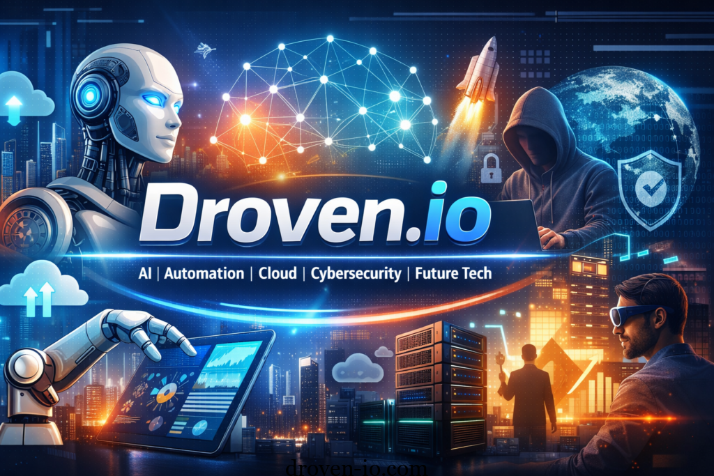 Futuristic illustration representing Droven.io technology platform with AI, automation, cloud computing, cybersecurity, and digital transformation concepts
