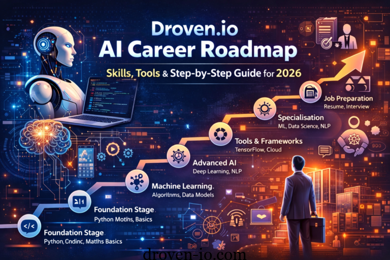Droven.io AI career roadmap illustration showing learning path, AI skills, coding tools, and job preparation steps in 2026