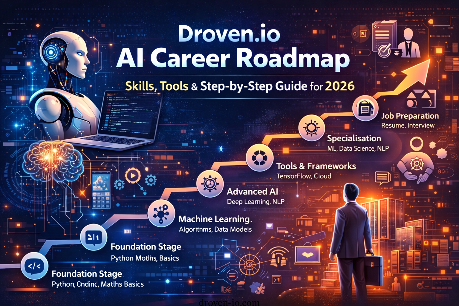Droven.io AI career roadmap illustration showing learning path, AI skills, coding tools, and job preparation steps in 2026