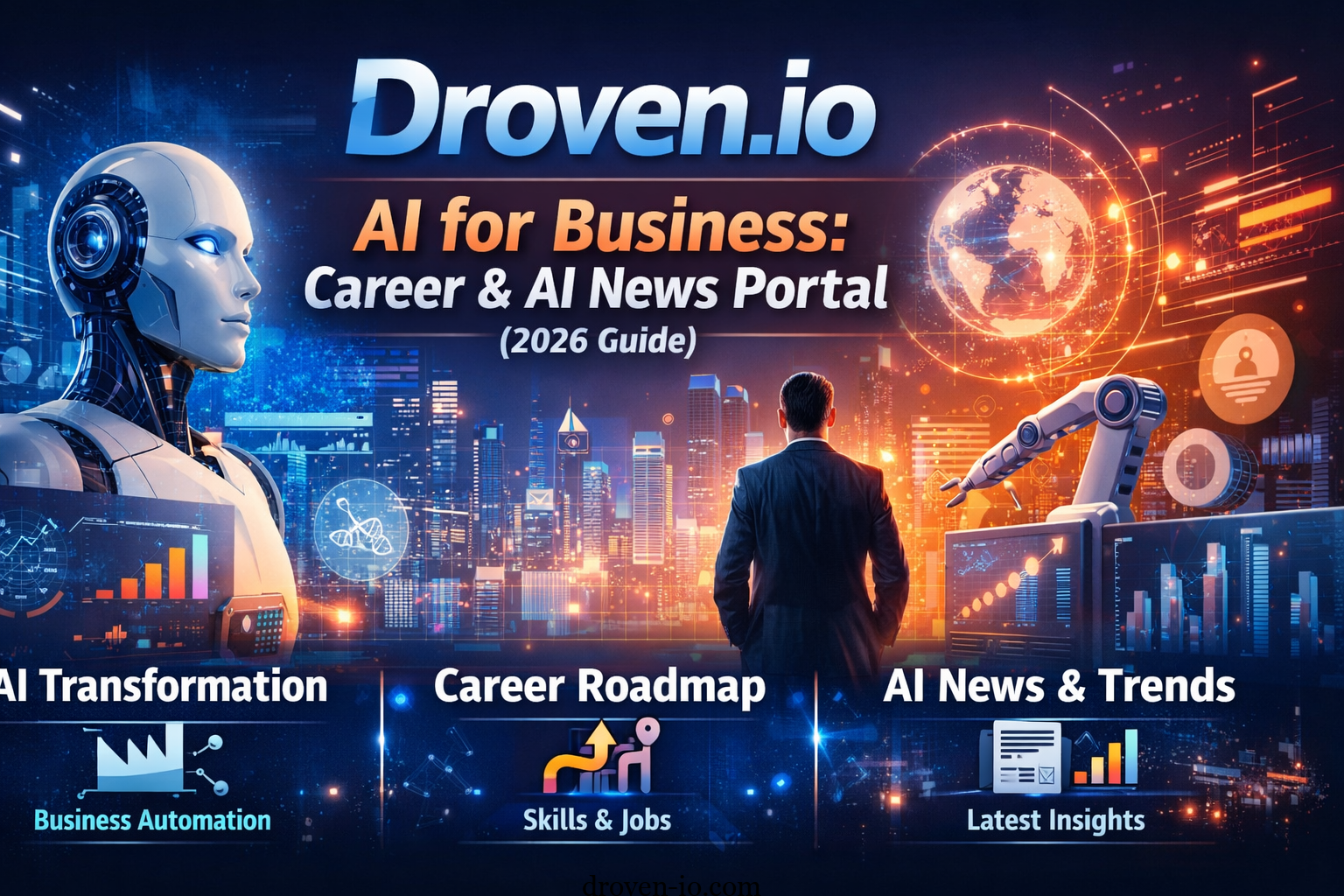 Drovenio AI for business concept showing AI automation, career growth roadmap, and AI news insights in 2026
