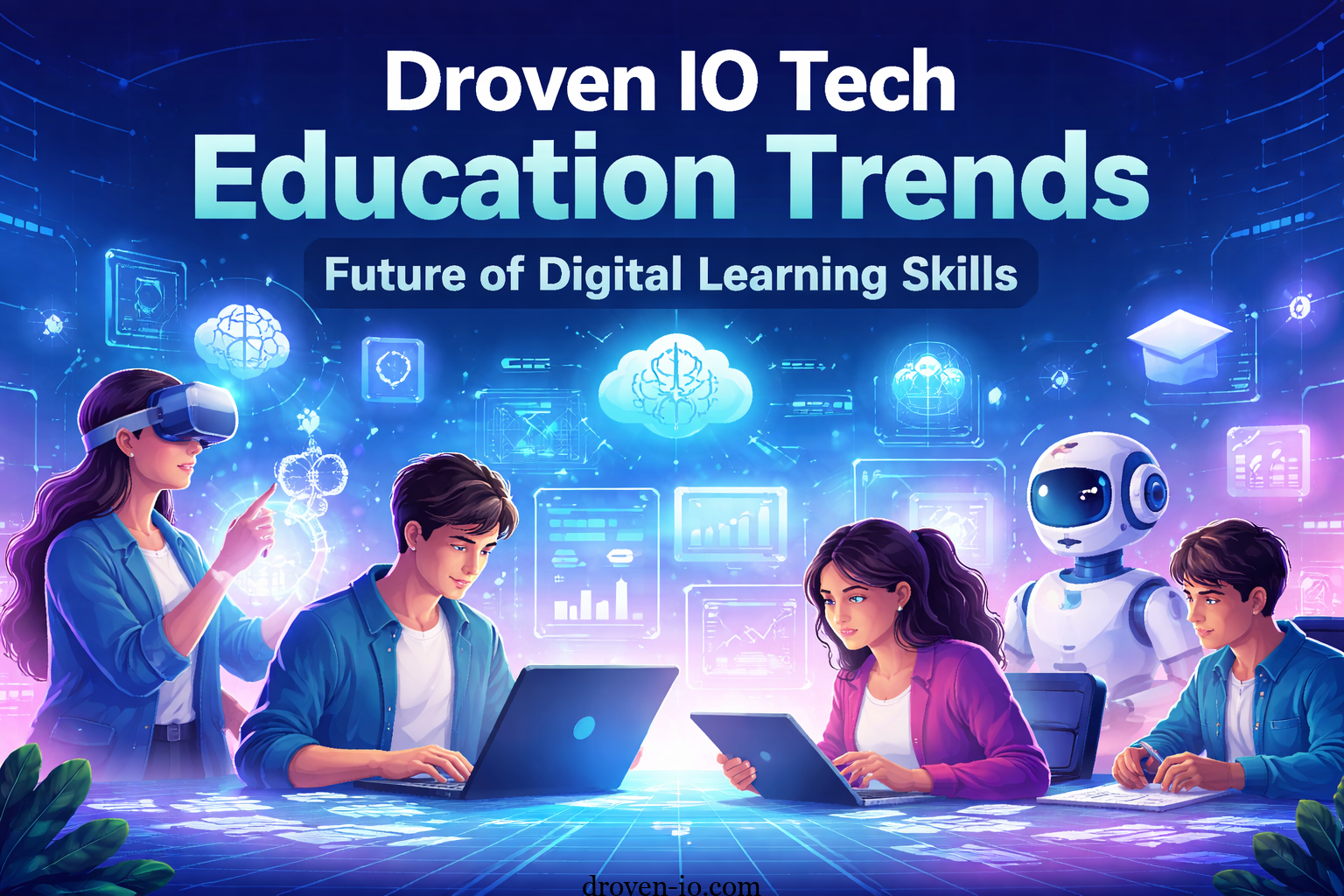 Students using AI, VR, laptops, and digital tools in a futuristic tech education environment representing Droven IO tech education trends.