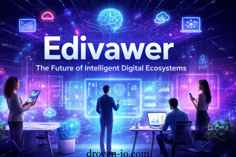 Concept illustration of Edivawer, an AI-powered digital ecosystem showing automation, data analytics, cloud computing, and intelligent technology integration across industries.