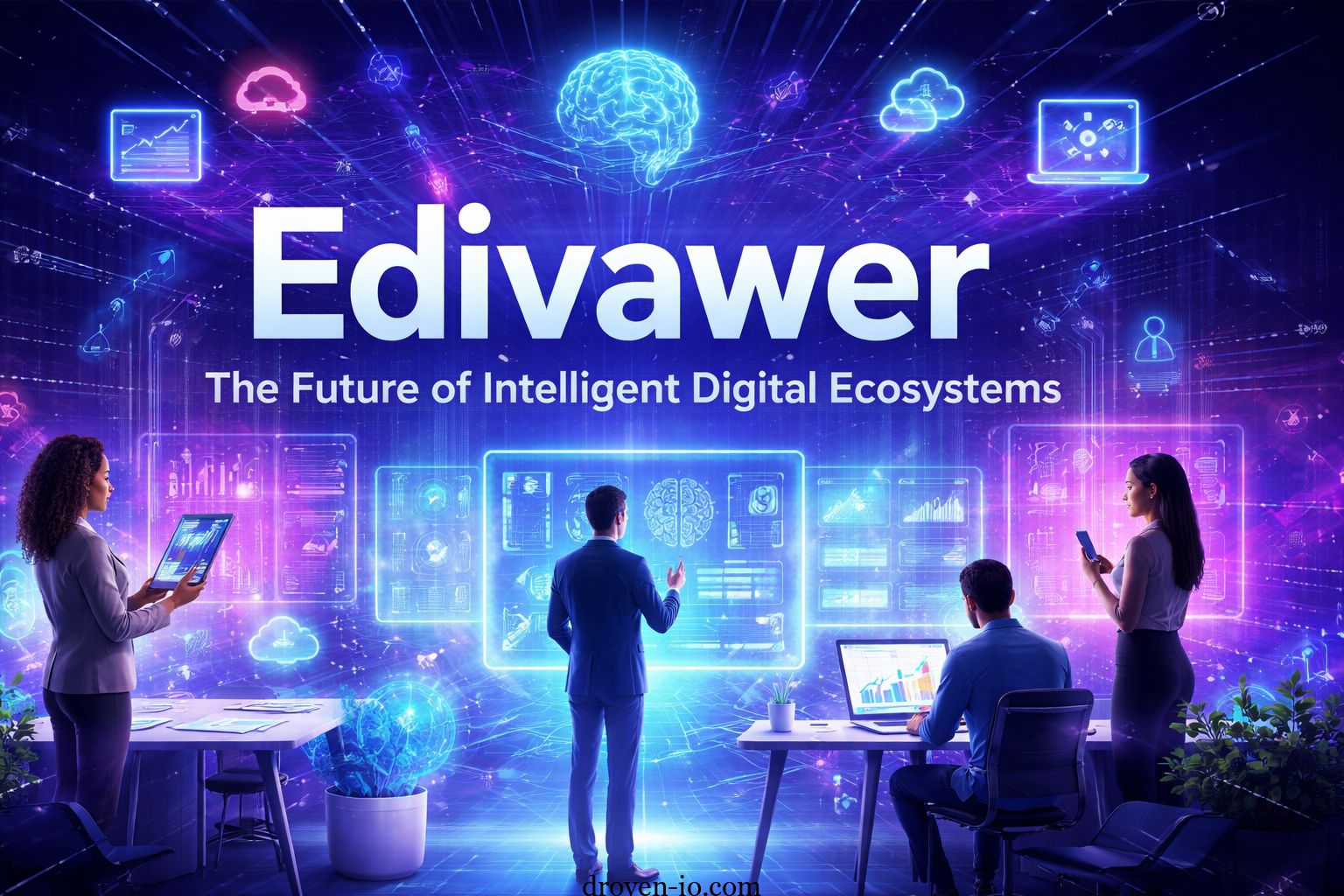 Concept illustration of Edivawer, an AI-powered digital ecosystem showing automation, data analytics, cloud computing, and intelligent technology integration across industries.