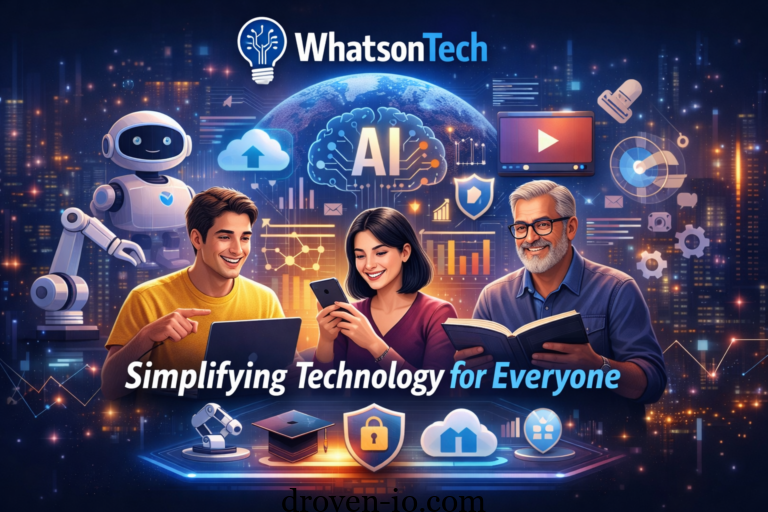 WhatsonTech feature image showing AI, cybersecurity, software tools, and digital innovation representing modern technology insights platform
