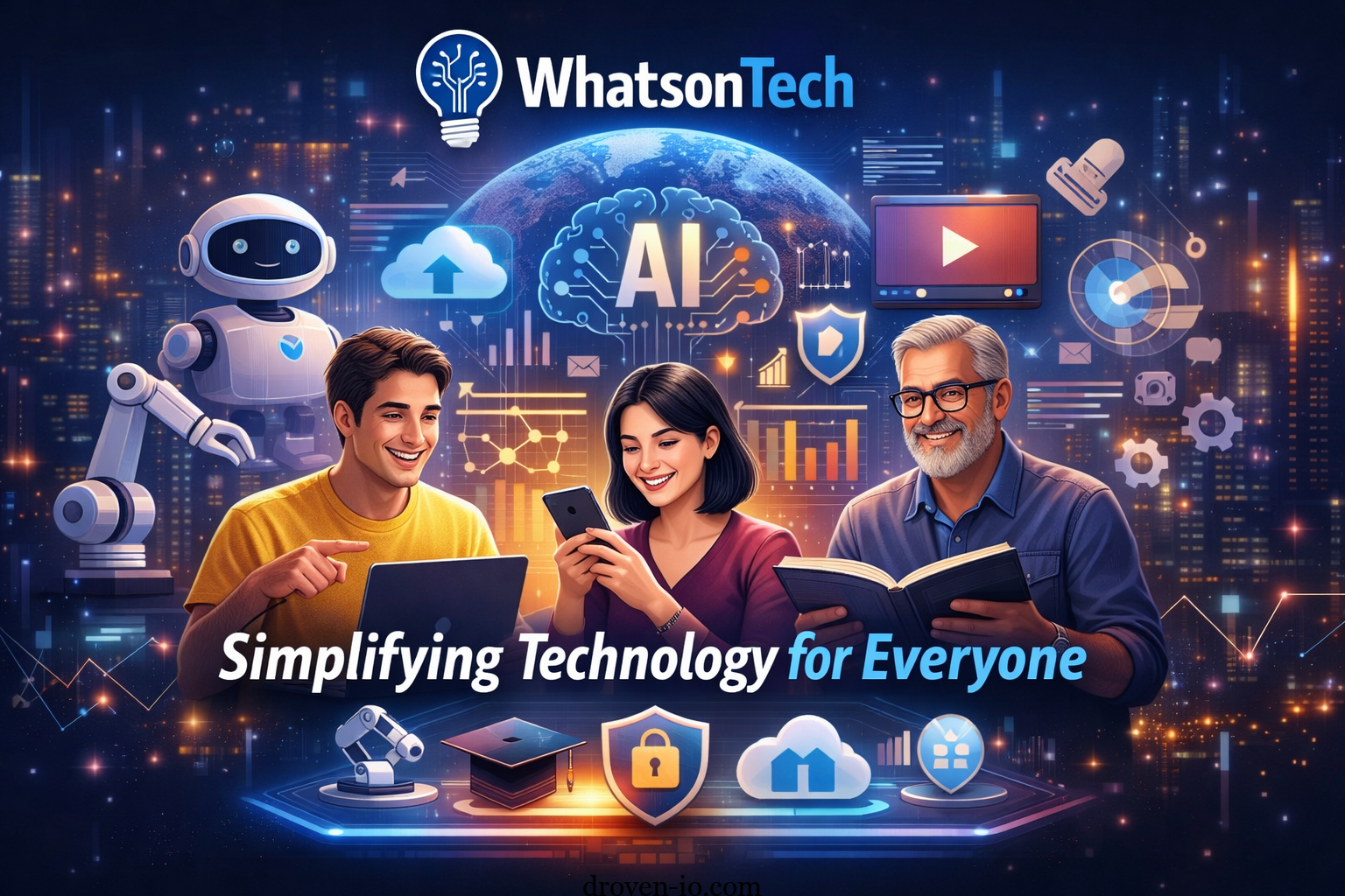 WhatsonTech feature image showing AI, cybersecurity, software tools, and digital innovation representing modern technology insights platform