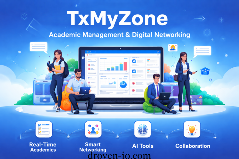 TxMyZone platform dashboard showing academic management, smart networking, AI tools, and collaboration features with students and professionals.