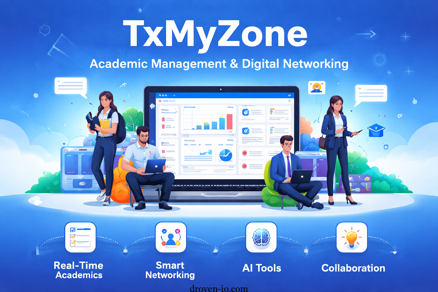 TxMyZone platform dashboard showing academic management, smart networking, AI tools, and collaboration features with students and professionals.