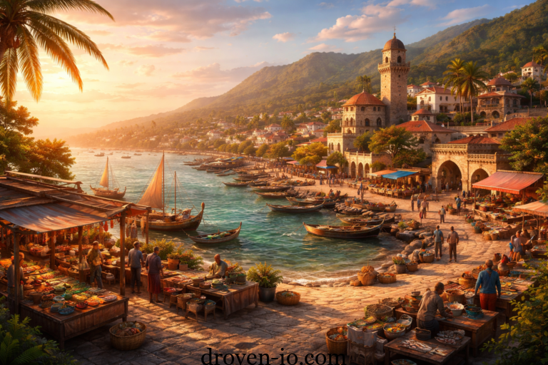 Scenic coastal view of Merfez showing traditional architecture, cultural lifestyle, sea, and peaceful natural environment