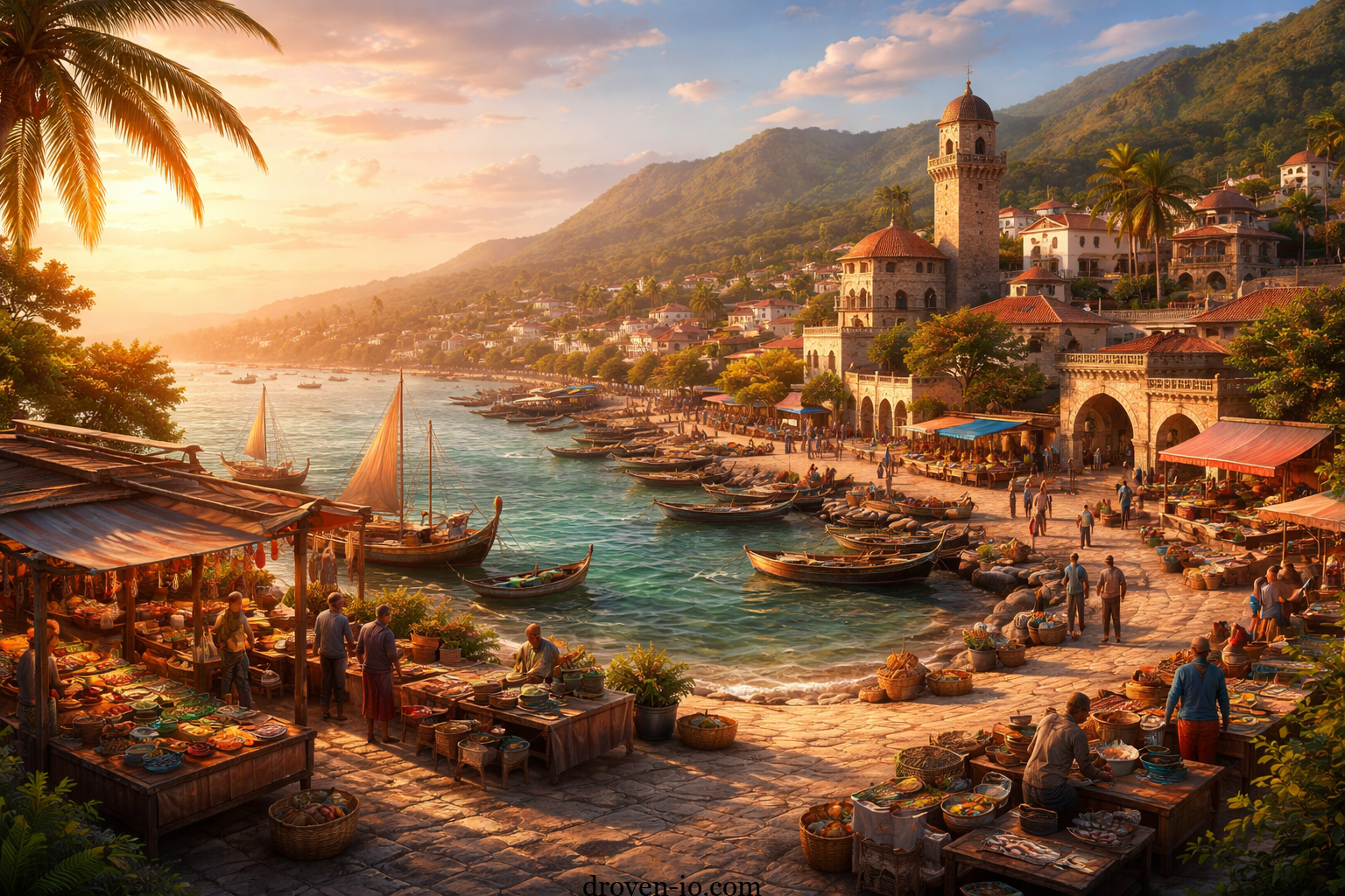 Scenic coastal view of Merfez showing traditional architecture, cultural lifestyle, sea, and peaceful natural environment