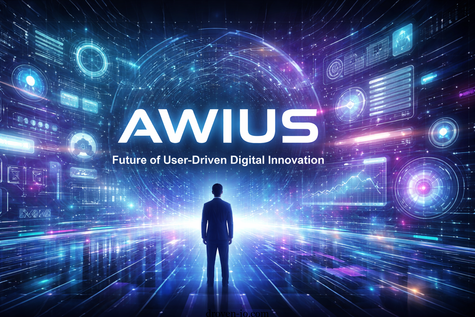 Futuristic digital interface representing Awius user-driven AI platform with glowing technology dashboard and innovation concept