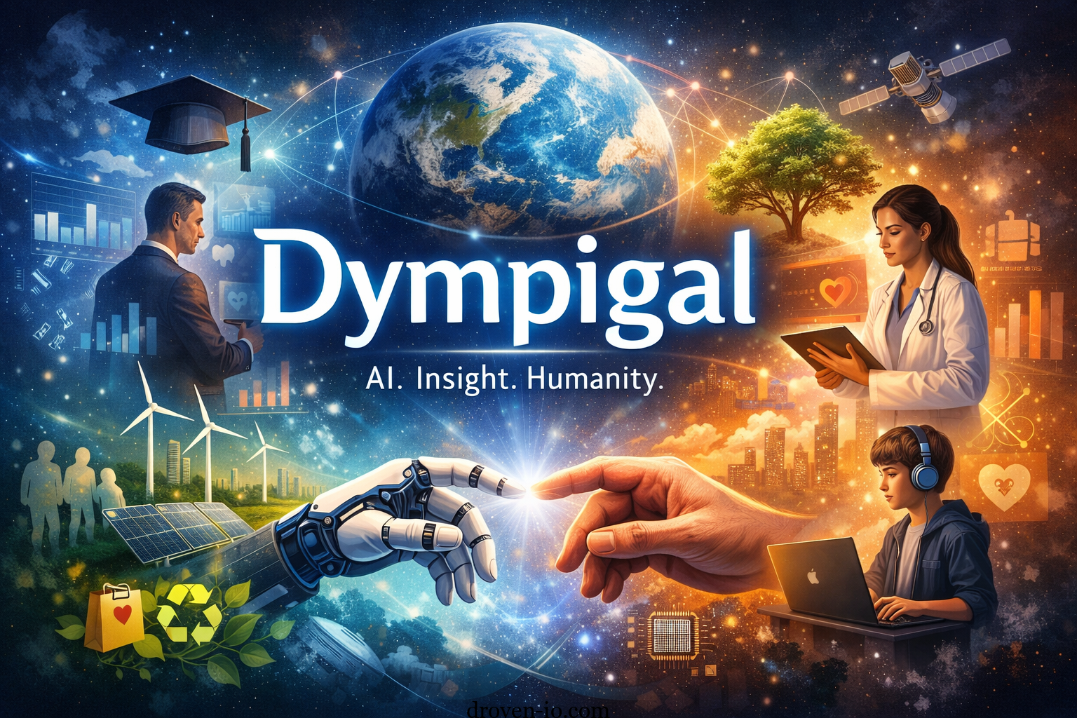 Futuristic illustration showing Dympigal combining artificial intelligence, human intuition, and innovation across business, healthcare, education, and digital culture.