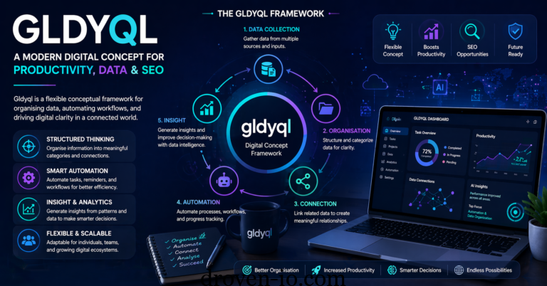 Gldyql concept illustration showing data flow, AI automation, and digital productivity system