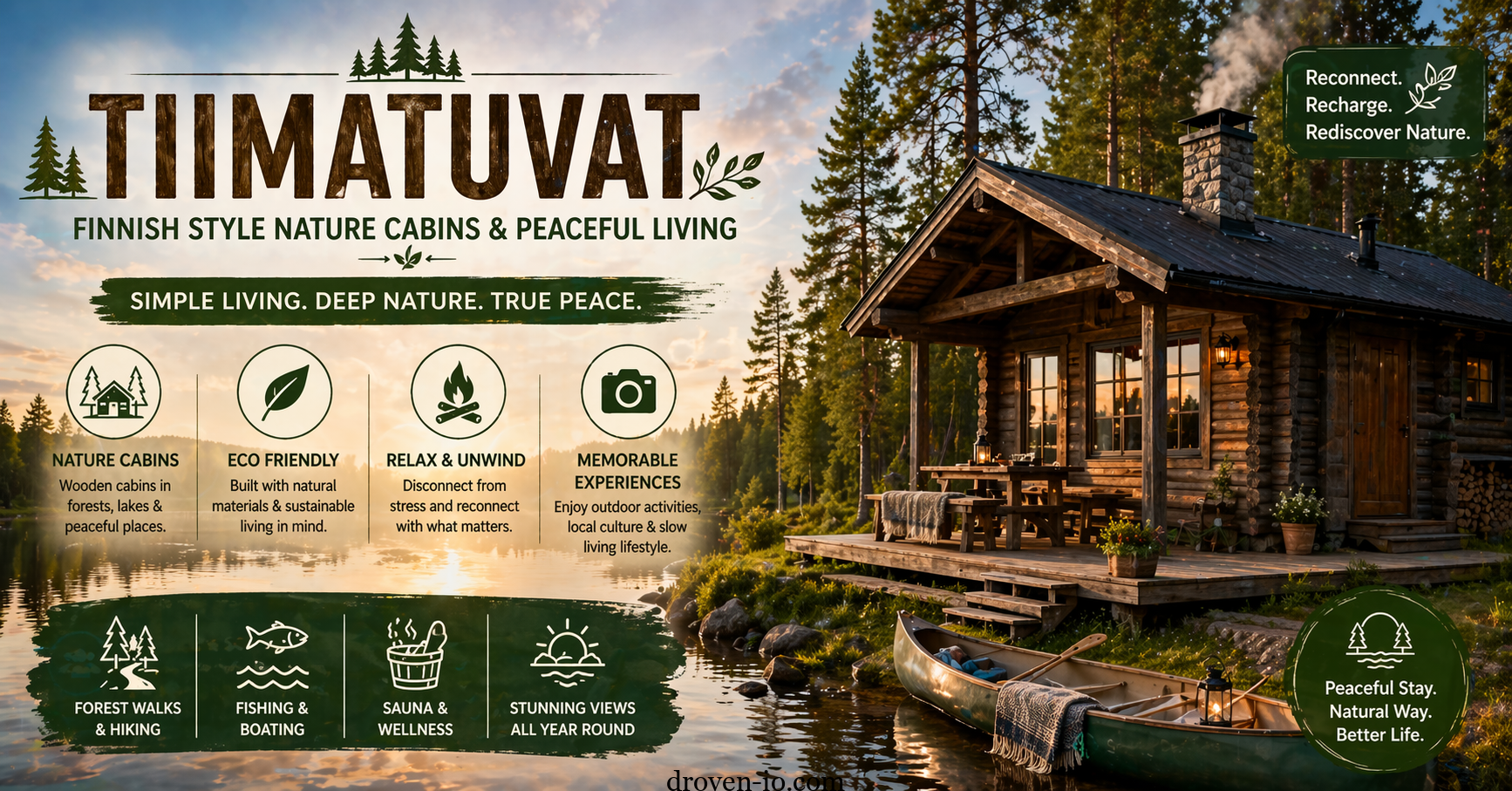 Traditional Finnish wooden cabin by a peaceful lake surrounded by forest at sunset