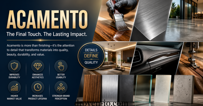 Illustration showing Acamento concept with materials like wood, metal, glass, and interiors highlighting finishing, polishing, and design refinement