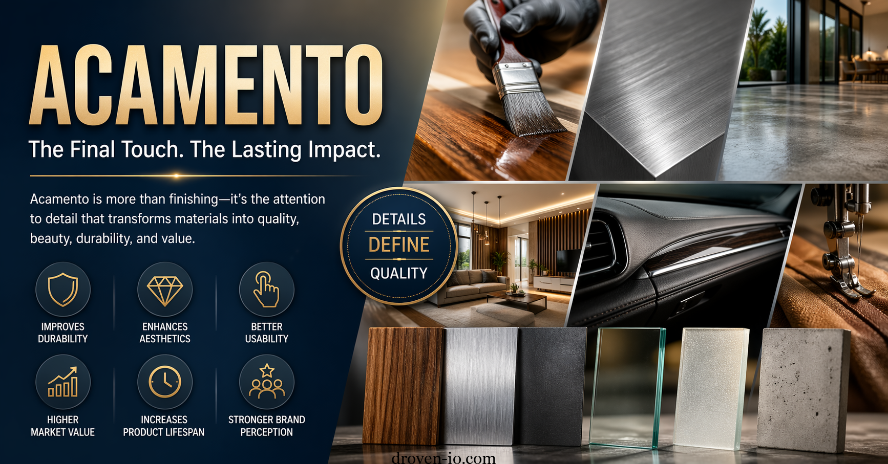 Illustration showing Acamento concept with materials like wood, metal, glass, and interiors highlighting finishing, polishing, and design refinement