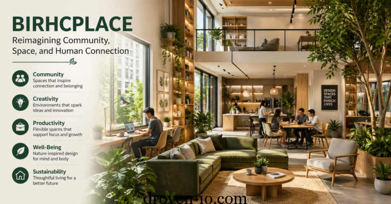 Modern birhcplace-inspired interior showing a green biophilic co-living and workspace with people collaborating and relaxing