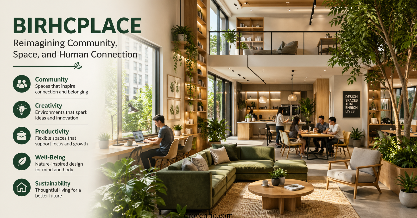 Modern birhcplace-inspired interior showing a green biophilic co-living and workspace with people collaborating and relaxing