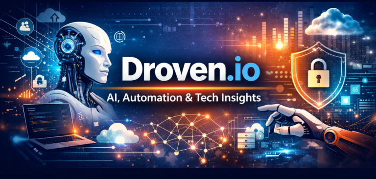 Illustration of AI, automation, and cybersecurity technologies representing Droven.io tech platform