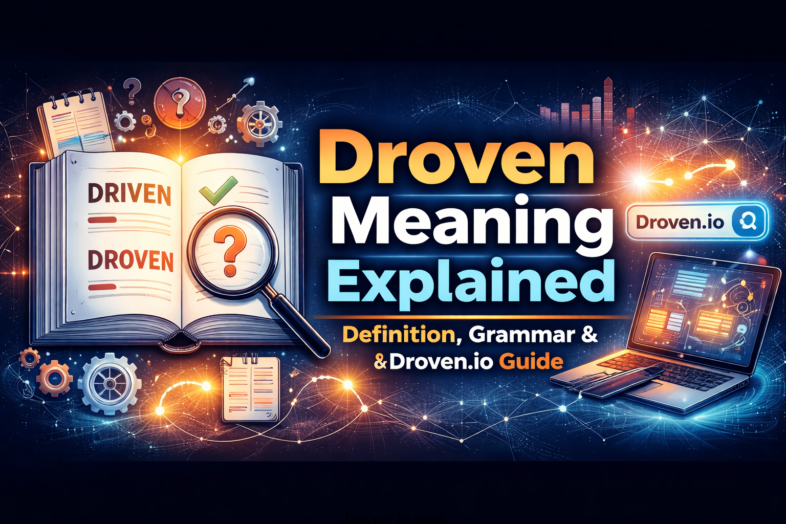 Visual explaining droven meaning, grammar confusion, and Droven.io digital branding concept