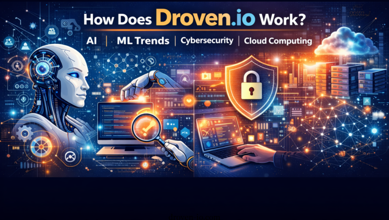 Illustration of AI, machine learning, cybersecurity, and cloud computing showing how Droven.io digital systems work