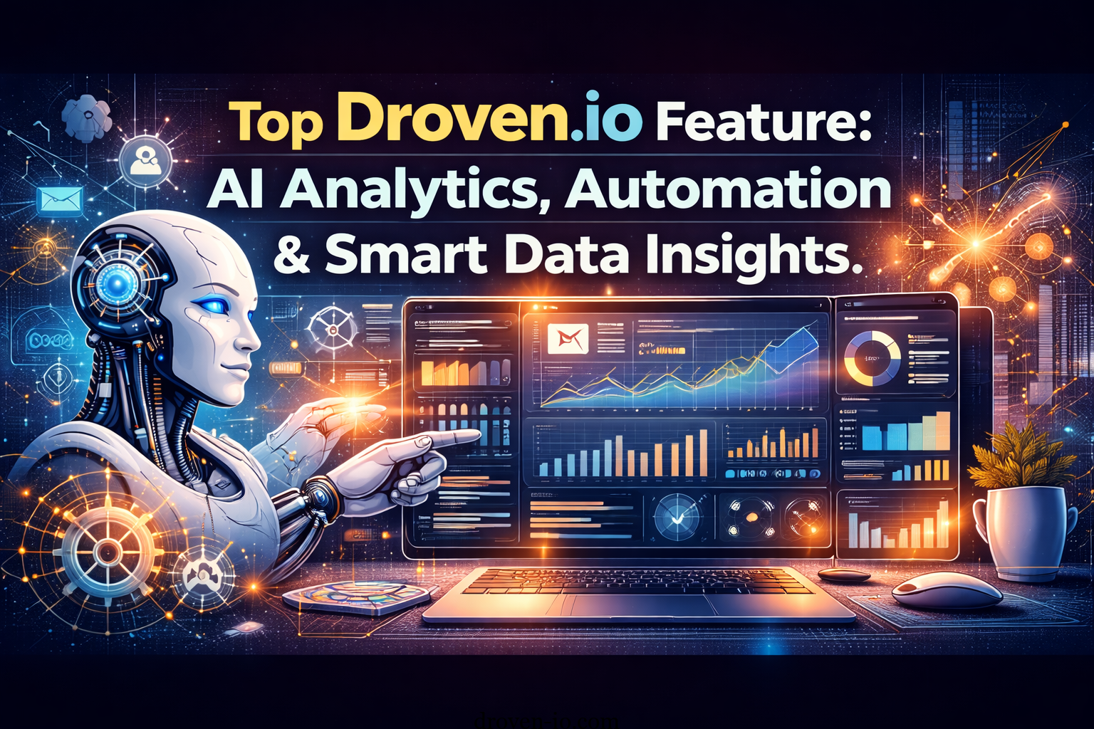 AI-powered data analytics dashboard showing automation and real-time insights as the top Droven.io feature
