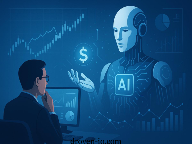 A futuristic digital illustration showing professionals interacting with AI systems as job skills evolve through automation and technology.