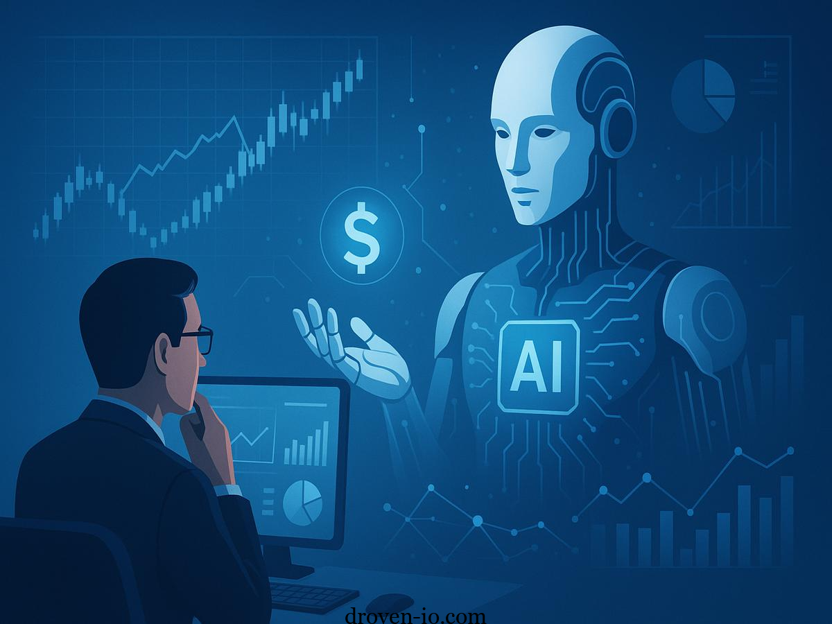 A futuristic digital illustration showing professionals interacting with AI systems as job skills evolve through automation and technology.