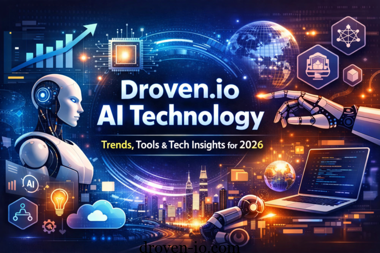 Droven.io AI Technology concept showing futuristic AI robot, digital globe, automation tools, and tech innovation trends in 2026